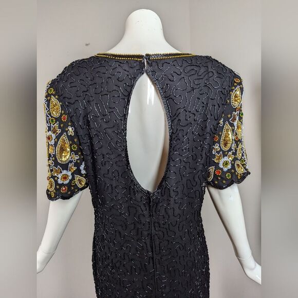 Leslie Fay Beaded Cocktail Dress Black Gold 16 Vintage Glam - Picture 9 of 10